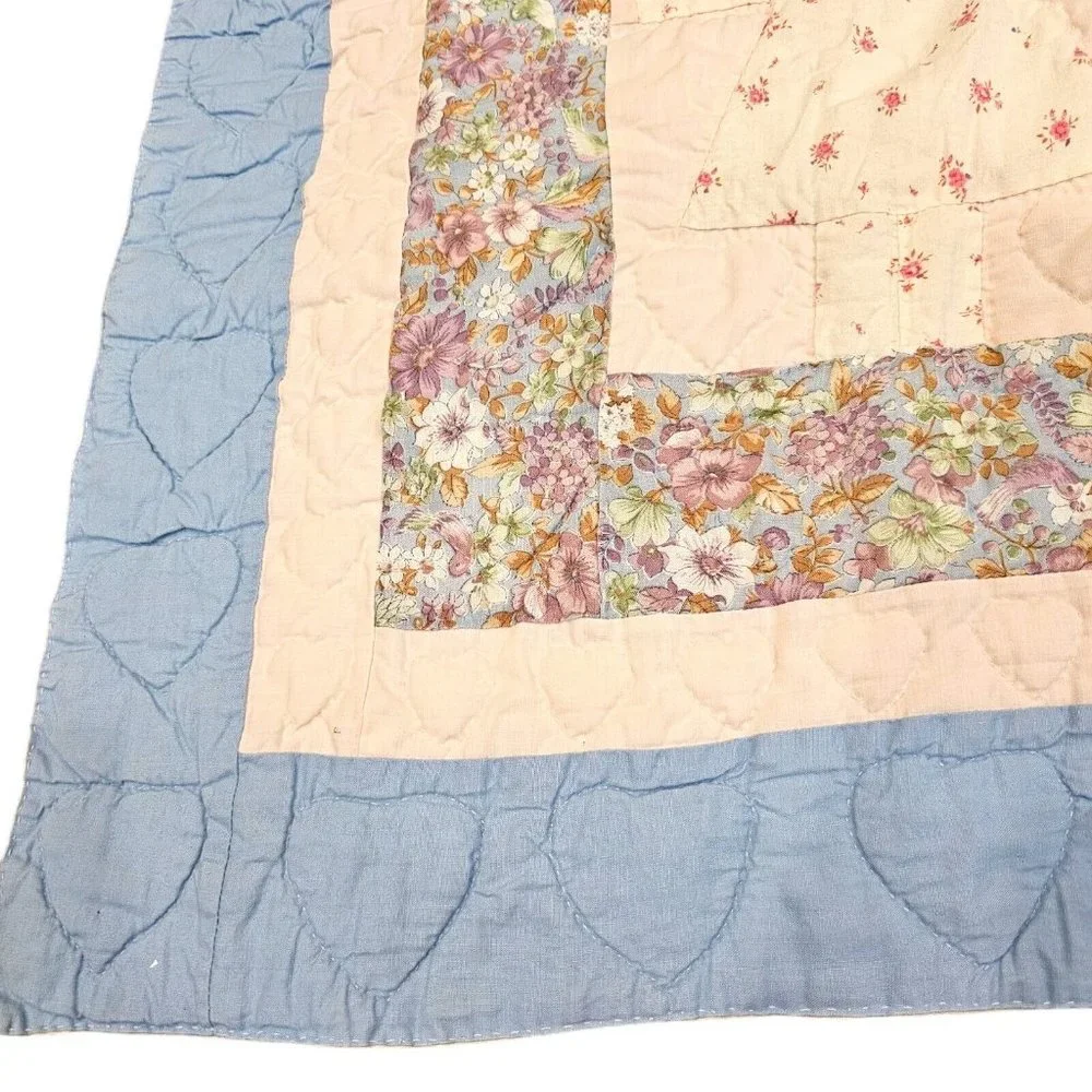 Vintage Baby Quilt Blanket Floppy Bunny Ears Hearts Blue Cream Pink Floral 44x50